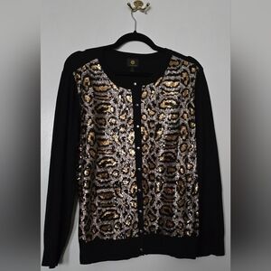 Womens glitter, leopard button down sweater.